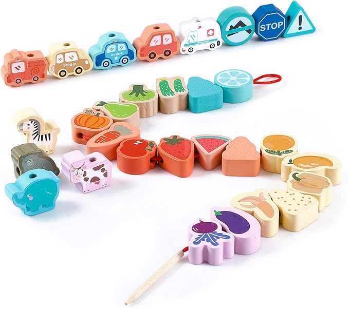 BMTOYS Montessori Educational Threading Toys Wooden Stringing Traffic Wild Animals Fruits Lacing Beads Preschool Toy for Toddler 18 Month 1 2 3 4 5 Year Old Boys Girls