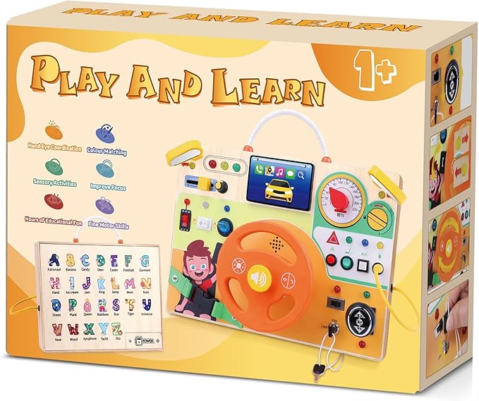 Toddler Toys Montessori Busy Board for 1+ Year Old Boys & Girls Steering Wheel Driving Simulation Toy Travel Activities for Toddlers 1 2 3 4+ Year Old Sensory Toys