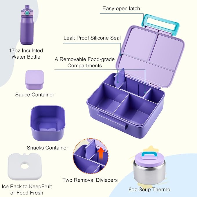 MAISON HUIS Kids Bento Box Set - Includes 8oz Soup Thermo, Insulated Lunch Bag & 17oz Stainless Steel Water Bottle, 5-Compartment Bento Box with Built-In Ice Pack, Leak-Proof & BPA-Free(Purple)