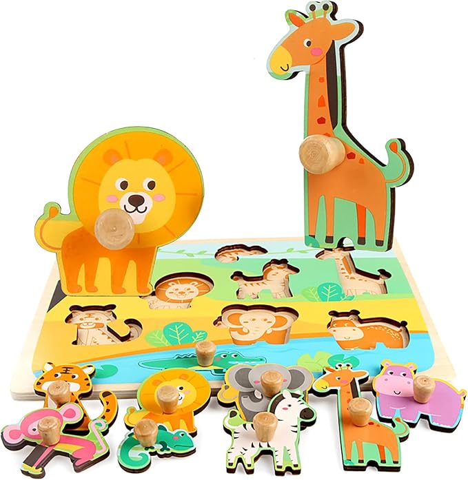 Wooden Puzzles for Toddler Peg Puzzle Toys, Wooden Jigsaw Puzzles Zoo Animal Patterns Puzzle with Handles Educational Montessori Puzzles