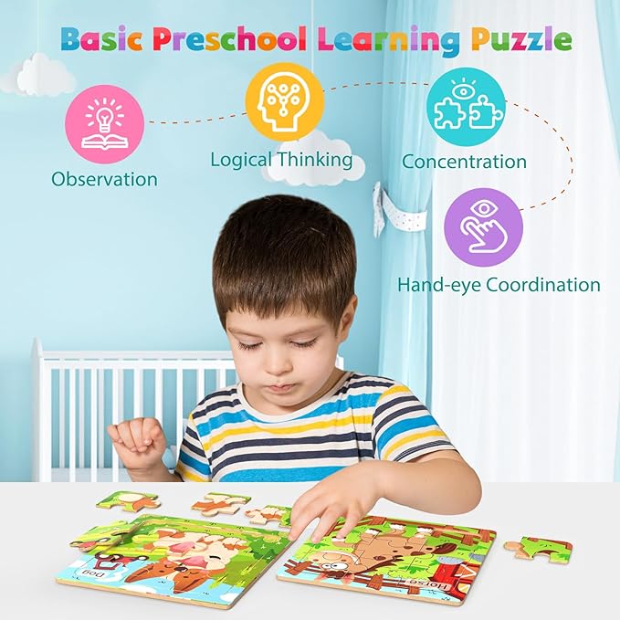 Wooden Puzzles for Toddlers, 8 Pack Farm Animal Jigsaw Puzzles for Kids3-5, 9 Pieces Preschool Learning Activities, Learning & Educational Toys, Gift for Boys, Girls