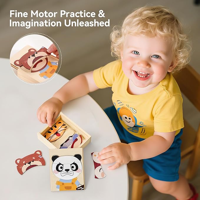 Wooden Animal Jigsaw Puzzles for Toddlers, Emotion Recognition with Expressive Animal Faces - Natural Wooden Pieces for Shape Matching, Early Learning & Fine Motor Skill Development
