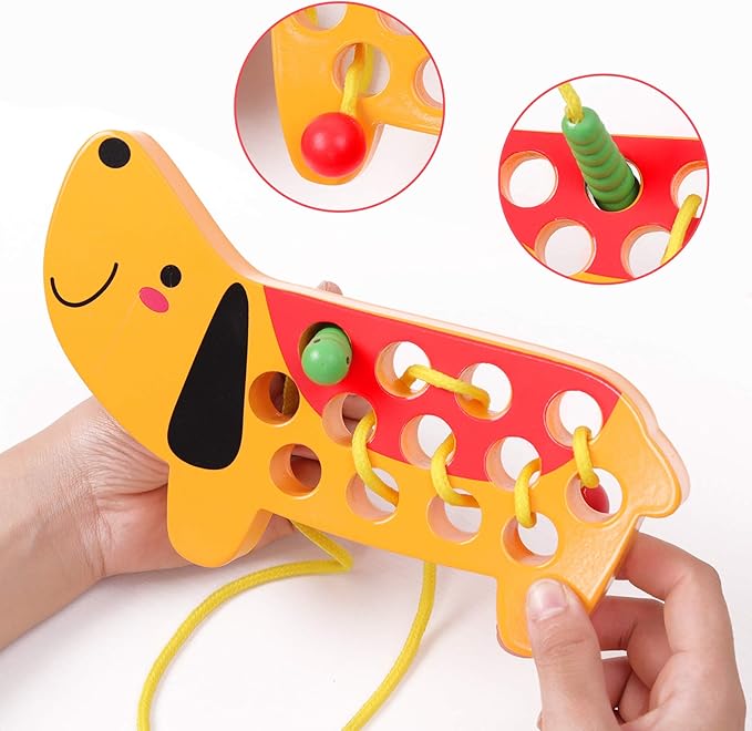 Wooden Lacing Threading Toys Fine Motor Skill Toys for 3 Year Old Educational and Learning Montessori Toddler Travel Toy 1 Strawberry and 1 Dog