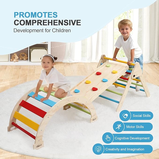 Pikler Triangle Set for Toddlers, 7-in-1 Foldable Montessori Climbing Gym with Safety Strap, Indoor Wooden Arch, Ramp, Ladder for Active Play - Classic