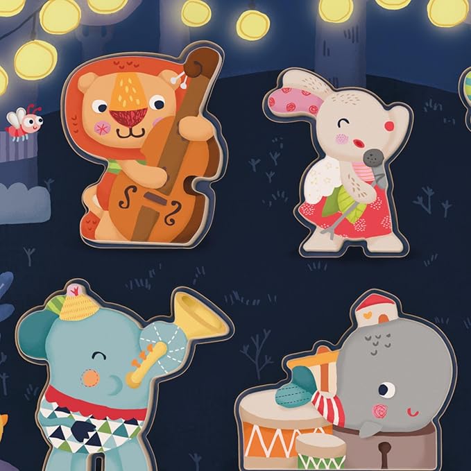 The Bababoo and friends Band Play Figure Puzzle | 12+ Months | Size 11" x 9" x .5" | Problem Solving | 7 Piece Set | Playtales Stories Included | Wood Toys Collection |