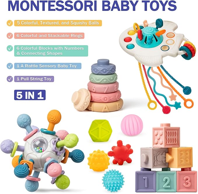Baby Toys 6 to 12 Months, 5 In 1 Montessori Toys for 1 Year Old, Incl Travel Pull String Toy & Rattle Teether & Stacking Baby Block & Soft Infant Ring & Sensory Ball for Toddler 0-3-6-9-12 Month