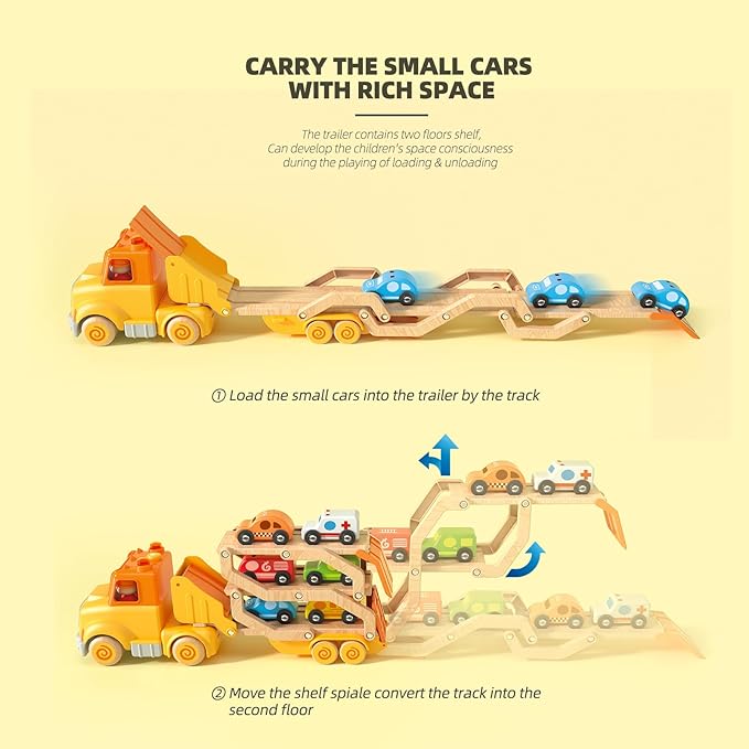 Toddler Toys for 2 3 4 5 Years Old Kids, Transport Car Carrier Truck Toy with 6 Wooden Vehicle, 30in Foldable Track Trailer with Light & Sound Effects, Best Gift Choice for Christmas, Birthday