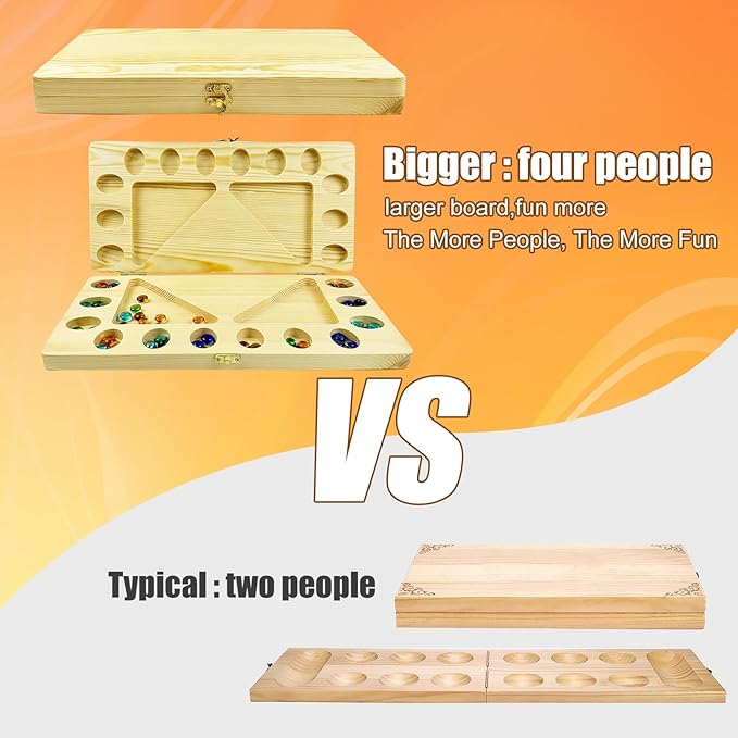 4-Player Mancala Board Game, Foldable Solid Wood with 110 Multi-Coloured Glass Beads, Instruction Manual, Non-Slip Mat,Suitable for Family Party Travelling Adults Puzzle Interactive Game.