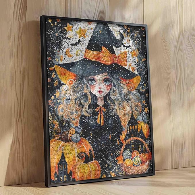 Halloween Puzzle 1000 Pieces for Adults Cute Witch with Pumpkins and Candy Whimsical Halloween Jigsaw Puzzle Spooky Cottagecore Aesthetic Fall Puzzles for Women Men Teens Challenging Puzzle Gift