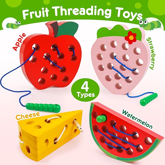 Wooden Toys Lacing Toys for Toddlers 3-5,Plane Activities Car Travel Toy Montessori Educational Learning Threading Toys for Fine Motor Skills Birthday Easter Gift for Boys Girls(4 pcs)