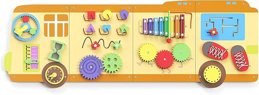 BlueWood School Bus Wall Busy Board Panels, Toddler Learning Activity Center, Montessori Philosophy Sensory, Educational Toys, Conducive to All-Round Development