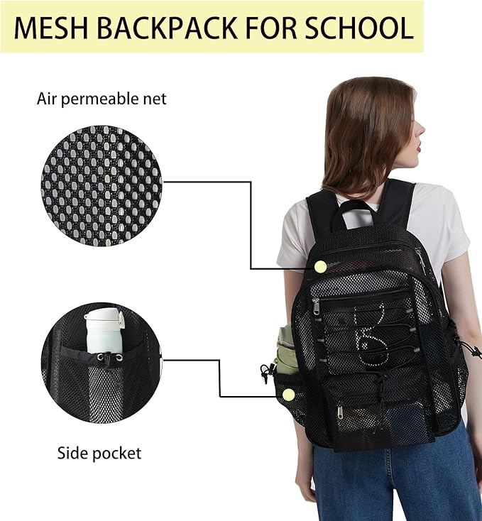 Mesh Backpack Heavy Duty for School, 24L Large Mesh Bookbag for Adults, Black School Bag with Comfort Padded Straps for Work Swimming Beach Fitness Sport