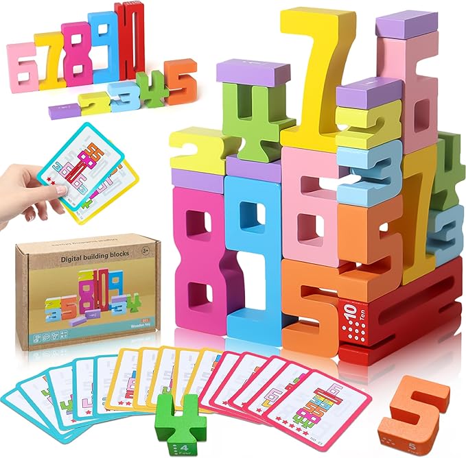 Wooden Number Building Blocks - 20Pcs Stacking for 3+ Years Old Kids, Digital Building Blocks, 1-10 Digital Blocks Toys, Balance Competition Toy, Educational Gift for Boys and Girls