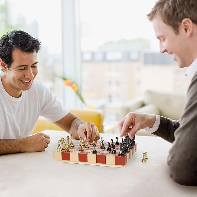 Metal Chess Set for Adults & Kids with Metal Chess Pieces –Wooden Chess Board Game with Portable Storage Case, Classic Strategy Family Board Game Gift Travel Chess Set