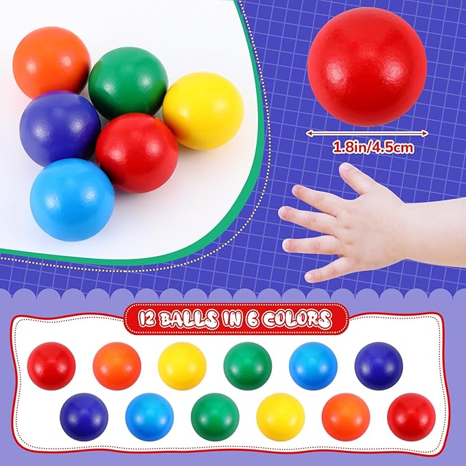Bucherry 12 Pcs Montessori Wooden Balls 1.8 Inch Wooden Replacement Ball Educational Counting Toys Preschool Learning Material for Montessori(Mixed Color)