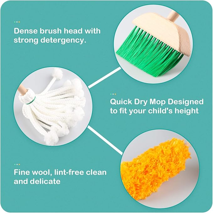 Kids Cleaning Set Toys 7 Piece Cleaning Toys for Toddlers Pretend Play Cleaning Tools for Kids Wooden Detachable Housekeeping Broom Dustpan Duster Brush Mop