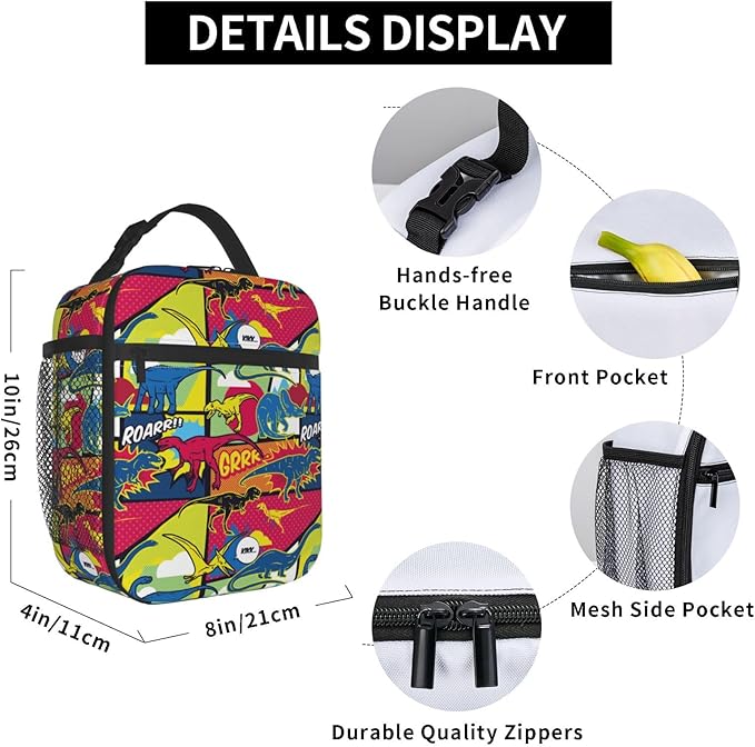 Cartoon Dinosaur Reusable Lunch Box Food Bag Insulated Lunch Bag for Teenage Boys Girls School Beach