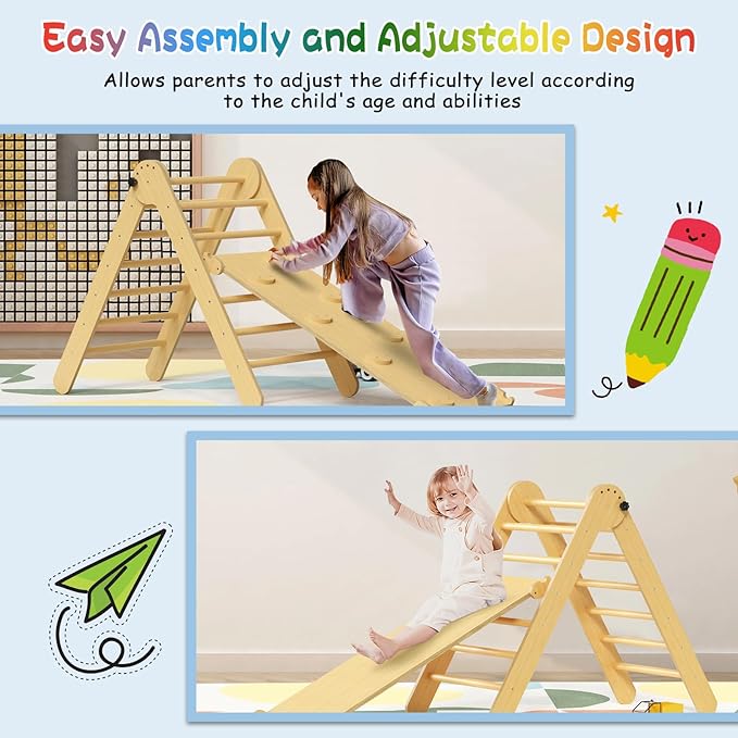 Large Pikler Triangle Set, 5 in 1 Foldable Baby Climbing Gym Indoor Montessori Climbing Set Wooden Toddler Climbing Toys with Arch, Ramp, Ladder