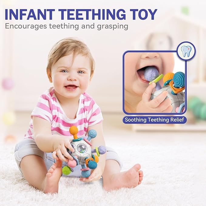 Baby Toys 6 to 12 Months, 5 In 1 Montessori Toys for 1 Year Old, Incl Travel Pull String Toy & Rattle Teether & Stacking Baby Block & Soft Infant Ring & Sensory Ball for Toddler 0-3-6-9-12 Month