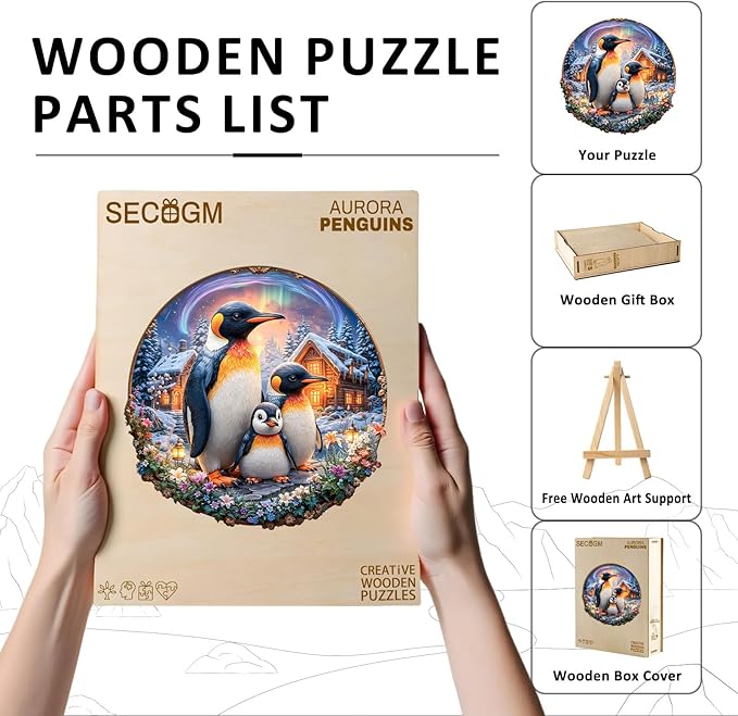 Wooden Puzzles for Adults - Aurora Penguins Wooden Jigsaw Puzzle 95 pcs - Unique Animal Shape Wood Cut Puzzles - Eco-Friendly Home Office Decor (8.4 * 8.4in)