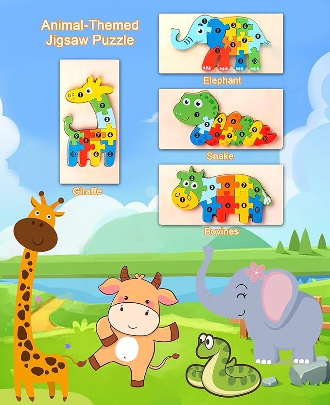 4-Pack Animal Puzzles for Toddlers Ages 3-5, Wooden Toys, Montessori Toys, Ideal Gift for Kids