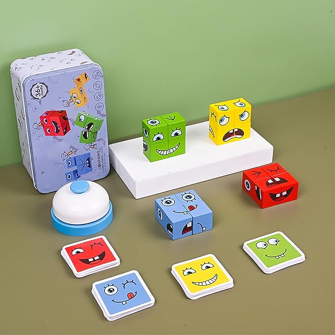 Large Wooden Face Expression Puzzle Building Cubes Manipulatives Face Changing Magic Cube Puzzles Matching Game with Bell Logical Thinking Training Brain Educational Montessori STEM Toys