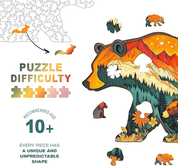 Wooden Puzzles for Adults - Bears in The Forest Wooden Jigsaw Puzzle, Unique Animal Shaped Wood Puzzles Adult, Christmas Birthday Gifts for Friends/Family, Home Decor 9.7 * 5.2in 80pcs