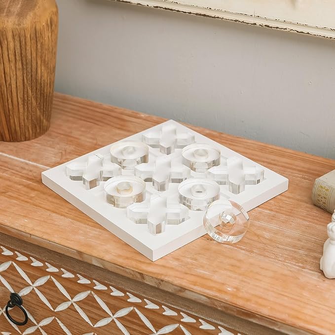 NIKKY HOME Acrylic Tic Tac Toe Wood Board Game Classic Coffee Table Decor Decorative Wooden Travel Game for Family, White