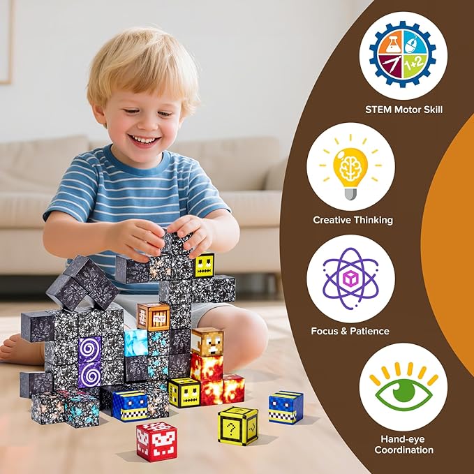 Magnetic Blocks, 150-Piece Magnetic Building Blocks, Volcano Theme 1-Inch Montessori STEM Stacking Magnet Blocks for Boys Girls Ages 3+, Educational Sensory Toys for Kids Christmas Birthday Gifts