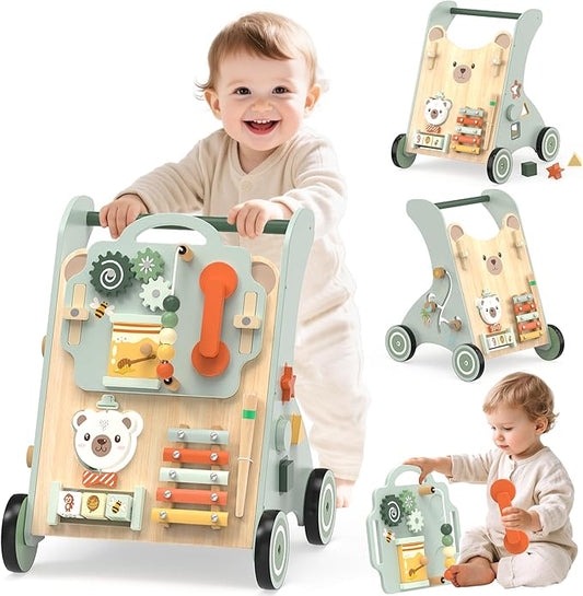 Wooden Baby Walker, Adjustable Speed Baby Push Walker for 1 Year Old, 10-in-1 Montessori Walker for Boys & Girls, Toddler Sit-to-Stand Learning Toy with Detachable Busy Board