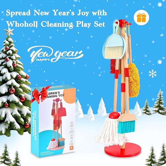 WHOHOLL Wooden Kids Cleaning Toy Set Toddler Broom and Dustpan Set for Housekeeping 9 Pcs Broom and Mop Set for Toddlers 3-5, Baby Cleaning Toys with Sponge, Birthday Gifts for Boys and Girls