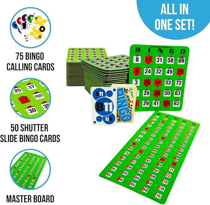 Regal Bingo Game Set for Adults and Kids - 50 Bingo Cards with Sliding Windows, Reusable & Large Bingo Cards, 1 Master Board - Fun Family Game Night - No Chips & Daubers Needed - Green