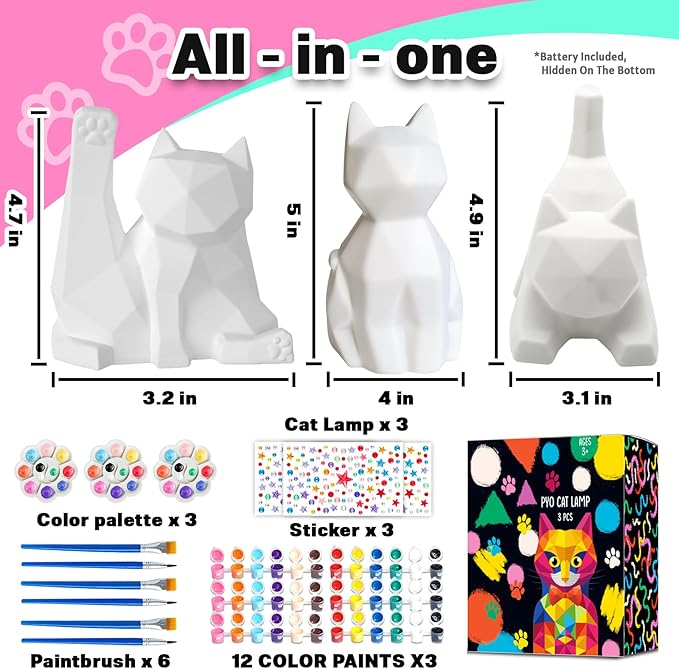 FUNZBO 3pcs Paint Your Own Cat Lamp Kit - Arts and Crafts Supplies Kitten Painting Kits for Kids Teens Adults, DIY Night Light Toy for Toddlers Girl Boy Ages 3 4 5 6 7 8 9 10 11 12 13 + Birthday Gifts