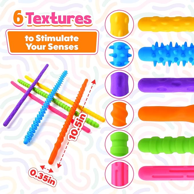 Fidget Toys Sensory Stick: Textured Silicone Sensory Toys for Kids 6 Pack, Stress Fidgets for Anxiety Relief Calming, Autism Classroom Must Haves, Calm Down Travel Toy for Boys Girls Adults