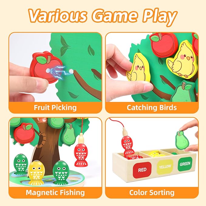 Montessori Toys for 3 4 5 Year Old, Wooden Fine Motor Skills Educational Color Sorting Toys, Apple Picking Magnetic Fishing Games for Kids 3-5, Birthday Gifts for Kids Boys Girls