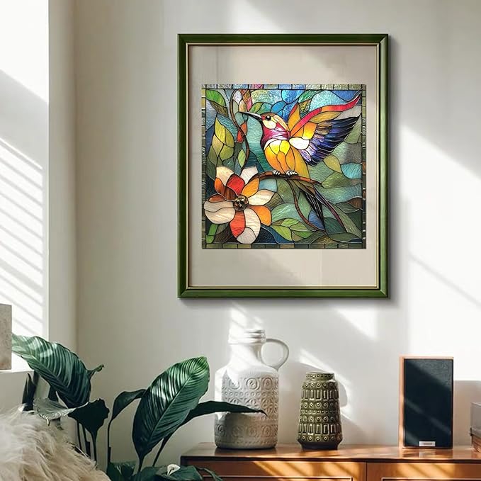 Wooden Puzzle for Adults, Stained Glass Hummingbird Puzzle 500 Piece, Unique Animal Shape Puzzles, Wooden Jigsaw Gift for Adults Thanksgiving for Family Friend (15.9 * 15.9 in)