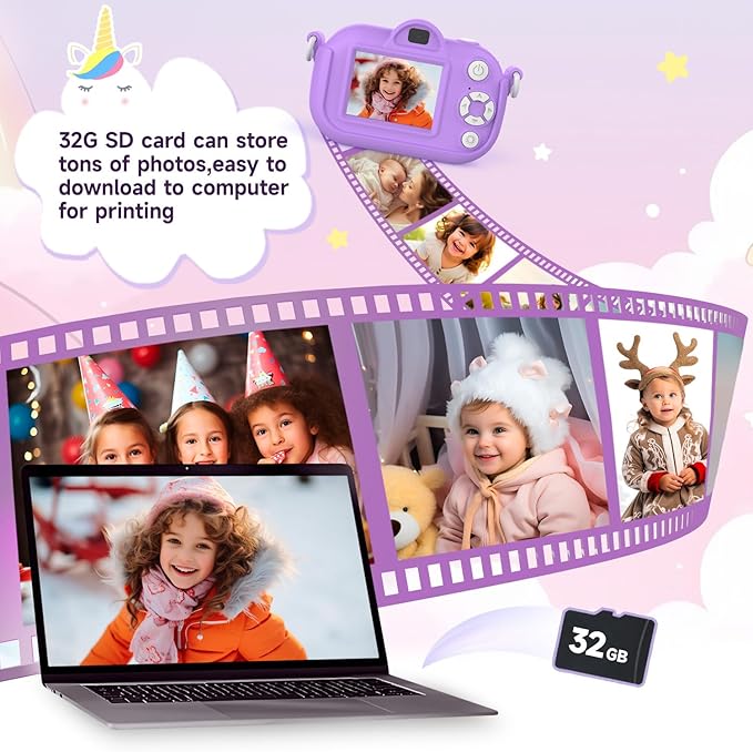 Kids Camera Digital Camera for Age 3-8, 1080P Toddler Video Camera for Kid with 32GB SD Card, Toddler Girls Toys Age 6-8, Christmas Birthday Gifts for Children Kid