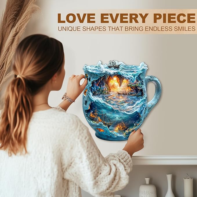 Wooden Puzzles for Adults, Wooden Jigsaw Puzzles for Adults Kids, Sea Navigation Mug Unique Shaped Wood Puzzles Adult, Creative Birthday Gifts for Friends Family Game(11.4 * 11.1in 180pcs)