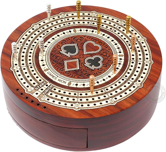 House of Cribbage - Round Shape 3 Track Non-Continuous Cribbage Board - Push Drawer Storage for Pegs and 1 Deck of Cards with Score Marking Fields for Won Games (Bloodwood/Maple Wood)