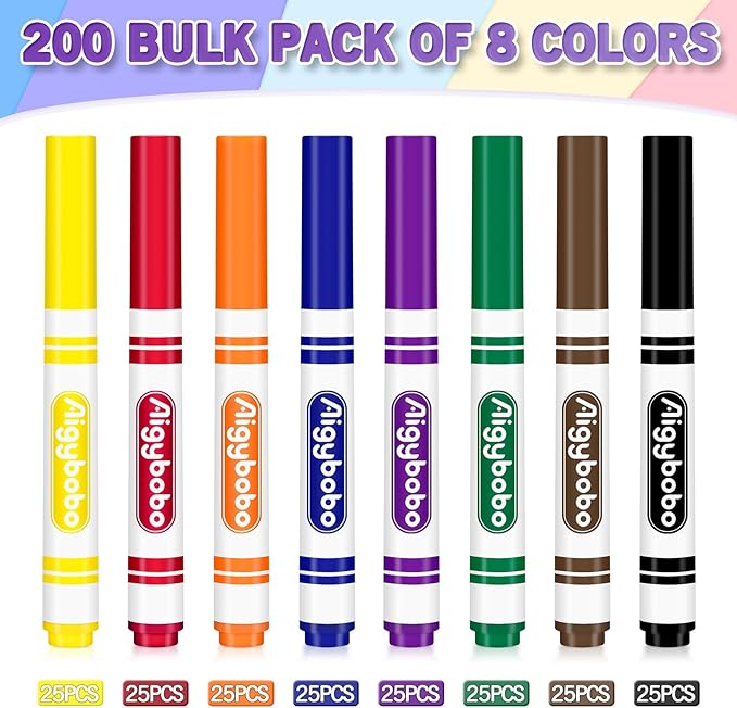 Aigybobo 200 Count Washable Markers - 8 Assorted Colors, Broad Line Markers for School, Classroom Essentials for Teachers