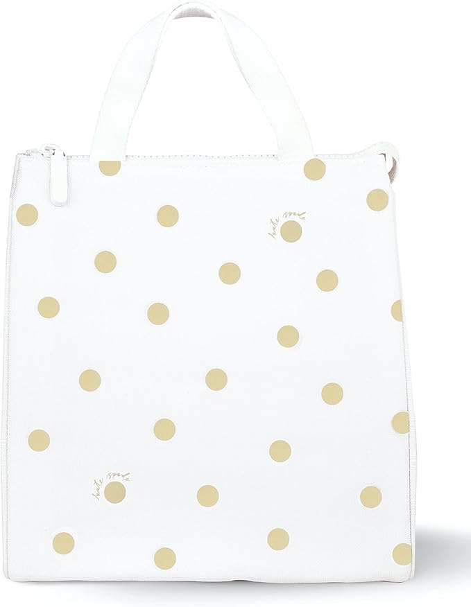 Kate Spade New York Portable Soft Cooler Lunch Bag, Thermal Tote with Silver Insulated Interior Lining and Storage Pocket, Gold Dot with Script