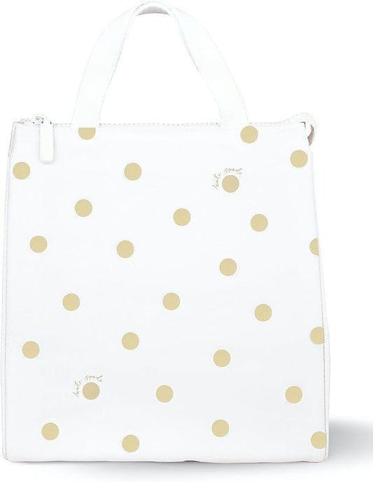 Kate Spade New York Portable Soft Cooler Lunch Bag, Thermal Tote with Silver Insulated Interior Lining and Storage Pocket, Gold Dot with Script
