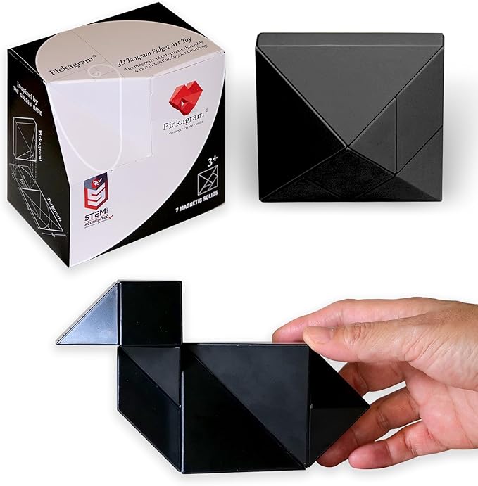 Pickagram Tangram 3D Magnetic Puzzle for Kids (8-12), Adults & Seniors | STEM Certified Fidget Puzzle - Magnetic Pattern Blocks for Cognitive Development, Creativity & Focus - Black