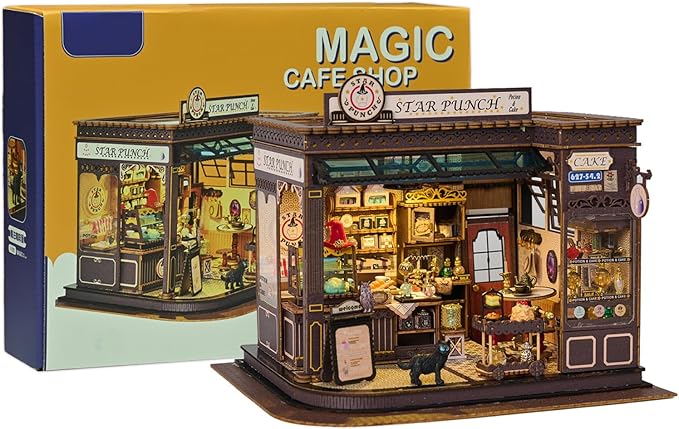 [2025 New] Coffee Shop Miniature House Kit with LED Light, Book Nook Kit with Cover for Birthday, 3D Wooden Bookends Puzzle Bookshelf Decor Building Kit Birthday Gifts for Family, Friends