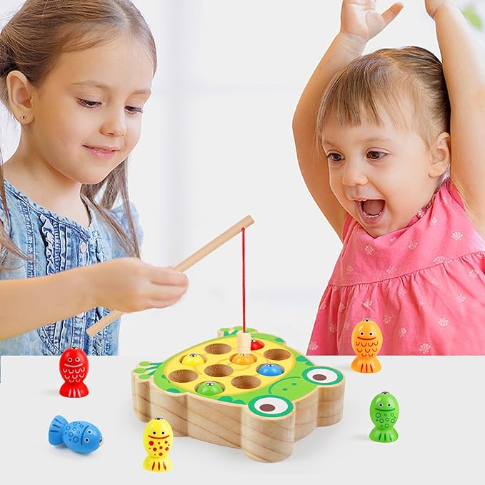 Magnetic Wooden Fishing Game Toys for Toddlers,Wooden Frog Magnets Fishing Learning Color Sorting Puzzle Montessori Preschool Educational Fine Motor Skills for 3 4 5 Years Old Boys Girls