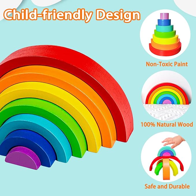 Wooden Rainbow Stacking Toy, Wood Stacker Arch Game, Montessori Arch Bridge Rainbow Building Blocks, Colorful Stacking Blocks Puzzles for Kids 2 3 4 5 Years Old, Rainbow Decor Toys
