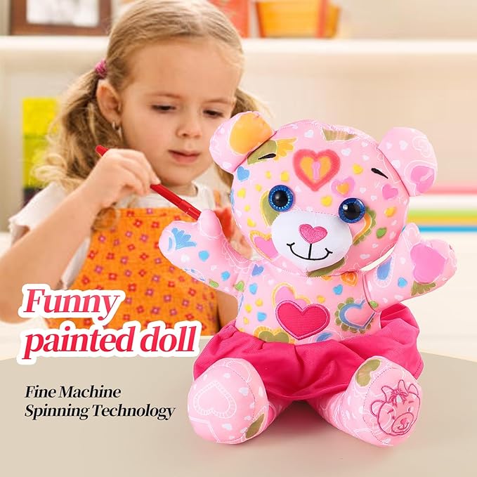 Coloring Plush Toy with 5 Washable Markers for Little Girls Doodle Dolls for Kids Ages 4-6 Birthday (Pink Bear)