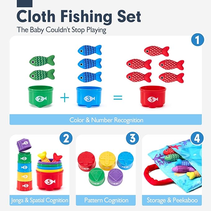 hahaland Toddler Toys Montessori Toys for 1 Year Old Boy Girl Birthday Gift - 10 in 1 Cloth Fishing Game for Toddler 1-3 with Stacking Cups - Number Counting, Color Sorting Learning