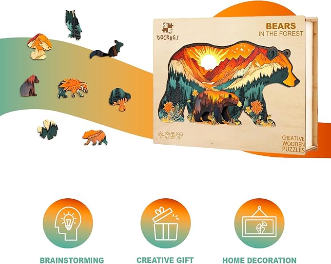 Wooden Puzzles for Adults - Forest Bears Wooden Jigsaw Puzzle - Unique Animal Shaped Wood Puzzles Adult - Christmas Birthday Gifts for Adults/Friends/Family - 160pcs 13.1 * 7in