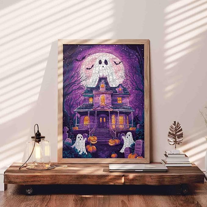 Haunted House Puzzle 1000 Pieces for Adults Ghosts Pumpkins and Full Moon Jigsaw Puzzle Spooky Mansion Night Scene Puzzles Fun Fall Indoor Activity for Women Men Halloween Puzzle Gift Decoration